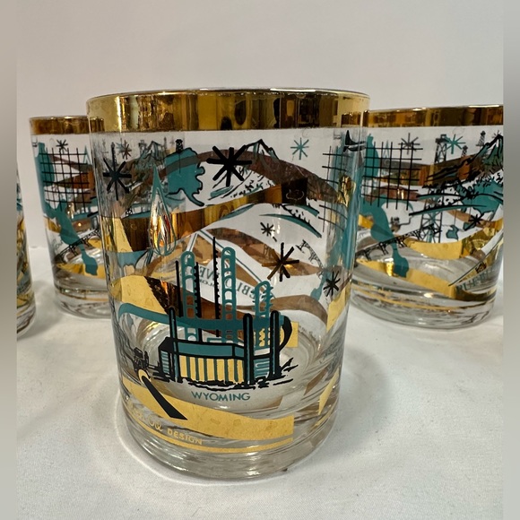 Rare Set of 5 MCM Norma Jean Wright 24k Gold & Turquoise Oil & Gas Bar Glasses - Picture 7 of 15